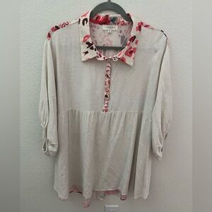 Umgee USA 2XL Linen Blend Boho Mixed Print Tunic Top Floral & Animal Print